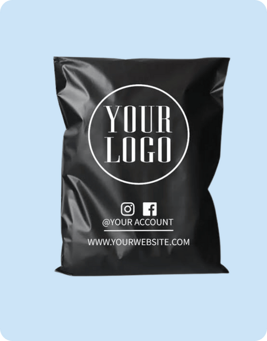 A black resealable bag with a glossy finish, featuring a white customizable circular logo and social media details, set against a solid light blue background.