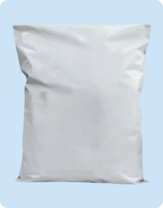 A plain white resealable plastic bag or mailer pouch shown against a light blue background.